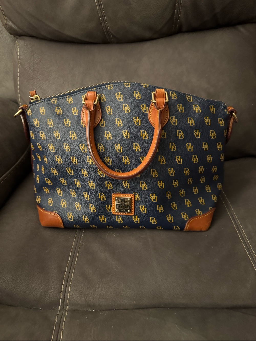 Dooney & Bourke Navy Logo Dome Satchel with Brown Trim